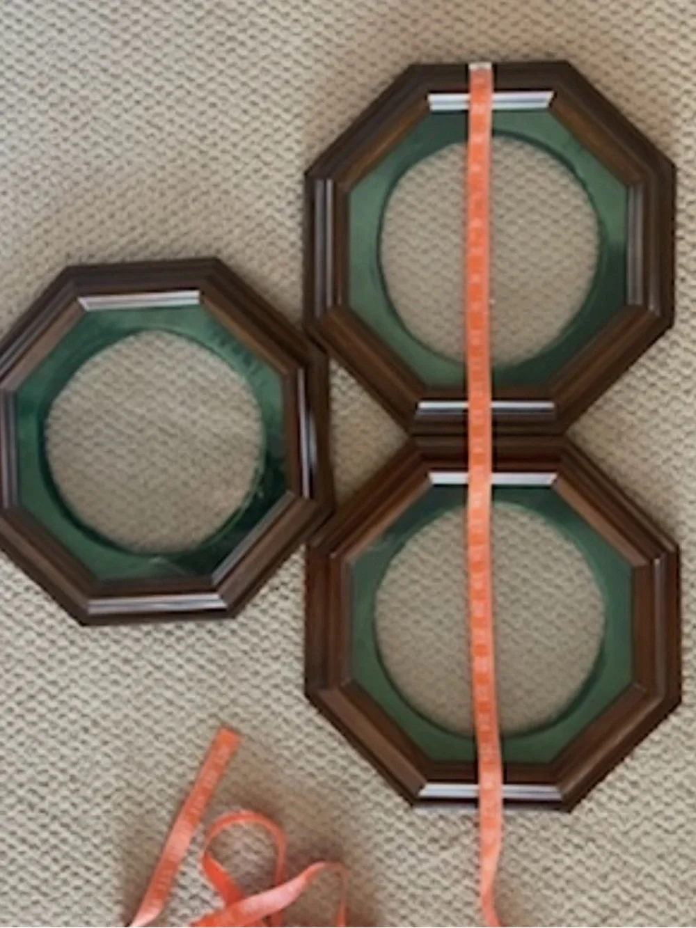 Set of 3 Octagonal Wood Glass Frames w/Green velvet Inner Trim for 8.5” Plates